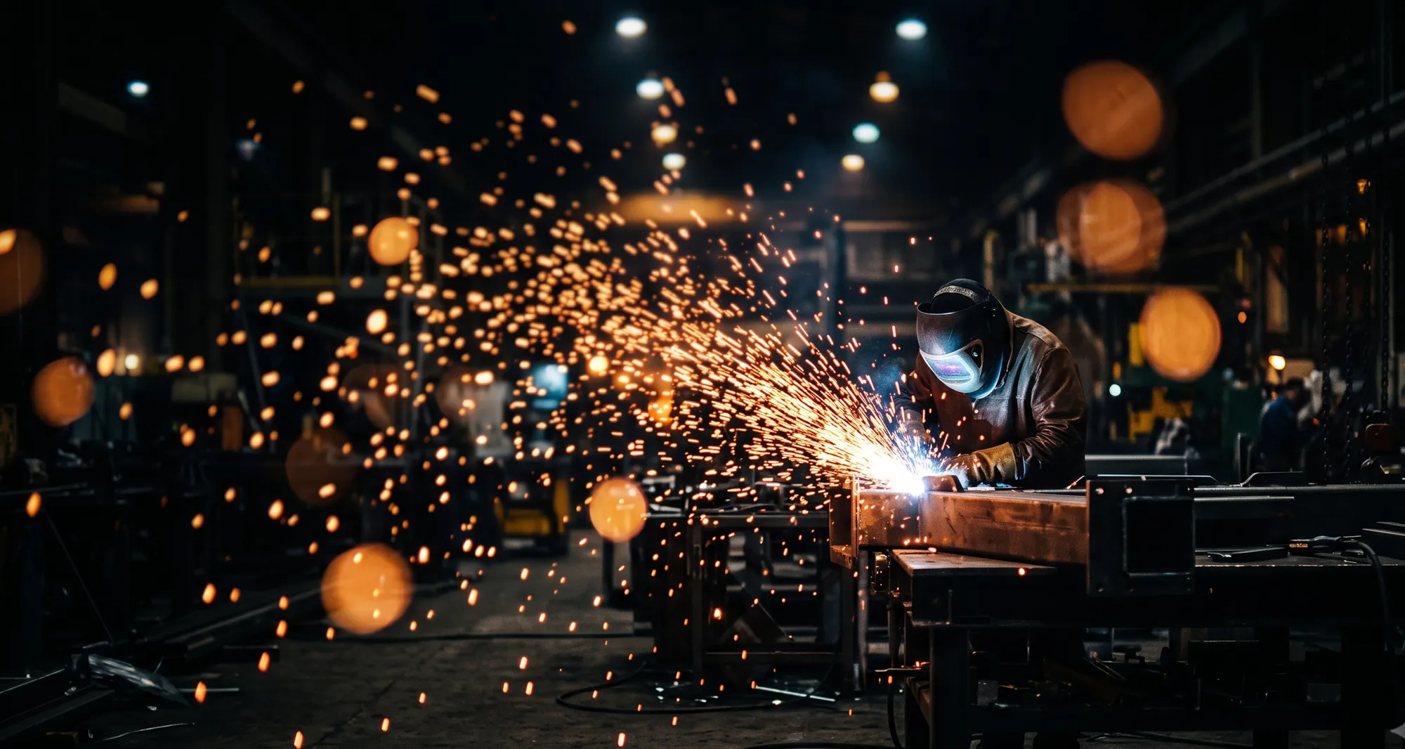 Welder fabricating steel in an industrial shop with sparks flying